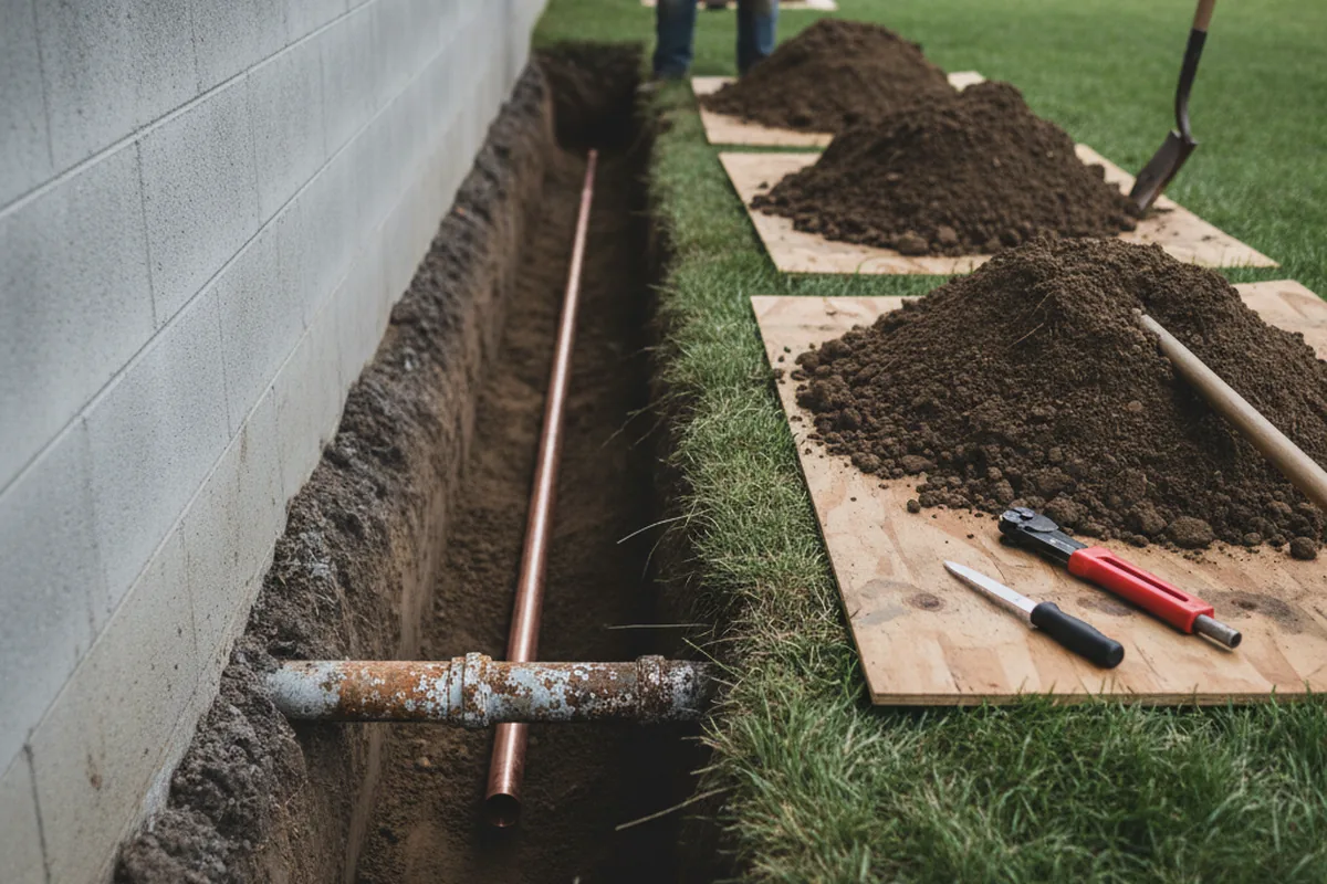 Excavated water line trench during Water Softener Installation in Zarephath